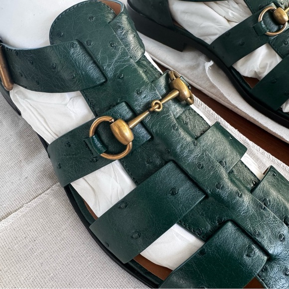Gucci Exotics Men’s Emerald Green Ostrich Leather Fisherman Sandals Size 10 NWT - Picture 9 of 16